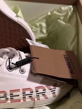 Burberry White Canvas Sneaker with Red and Black Logo Stripe